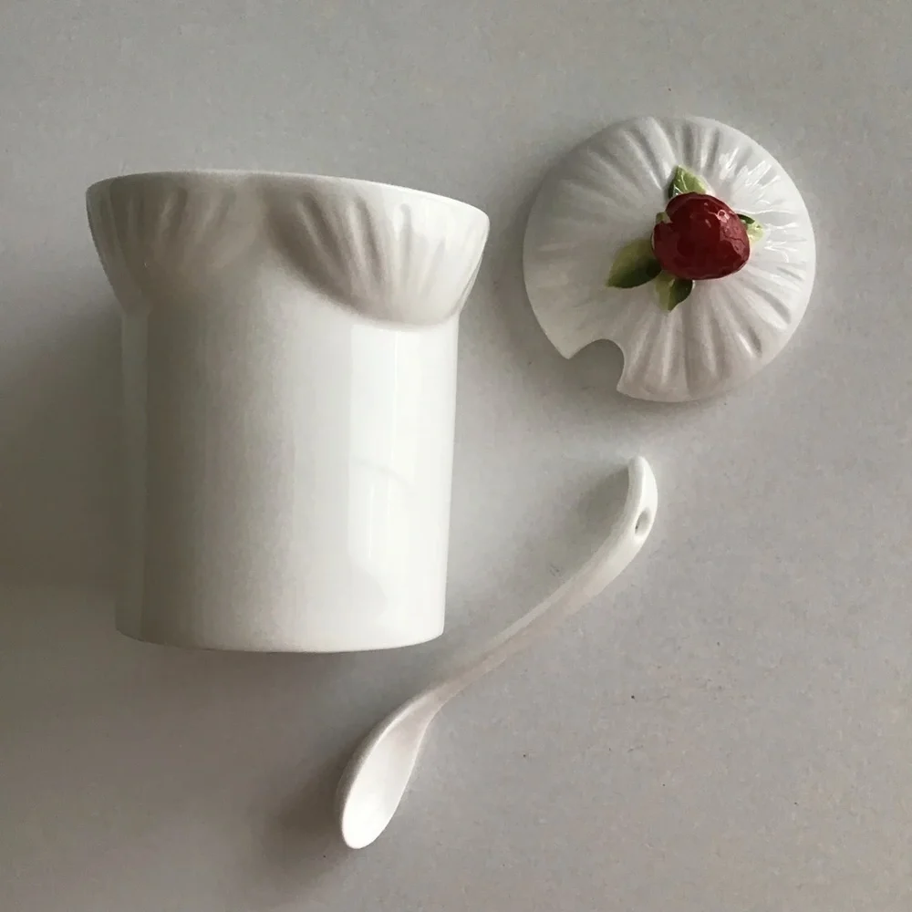 Jam Jar Bone China Covered Strawberry Marmalade Preserves Lid Spoon Vintage